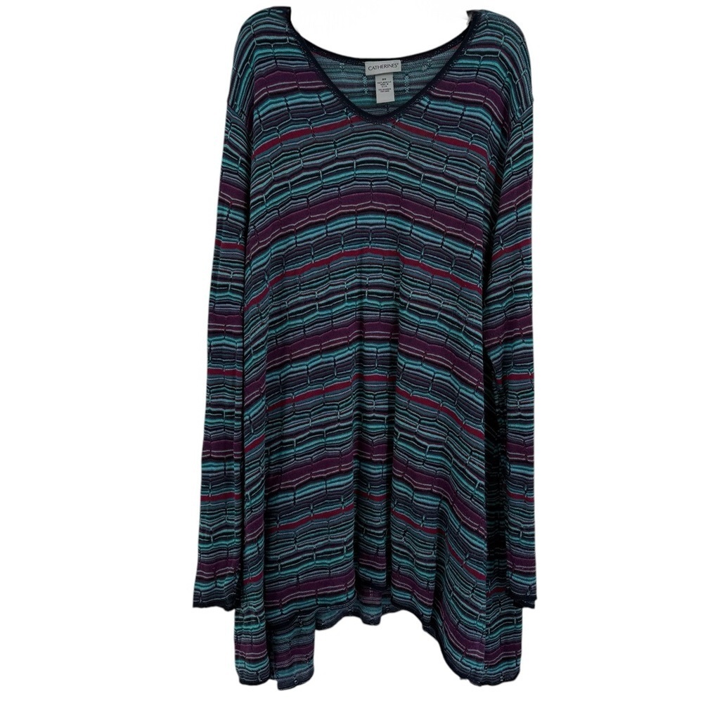 Catherines Knit Sweater Top long Sleeve Round Neck Blue Stripes Size 2X